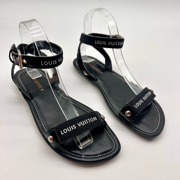 Louis Vuitton Passenger Black Flat Strappy Ankle Wrap Sandals EU 38 US 8 - Picture 1 of 11
